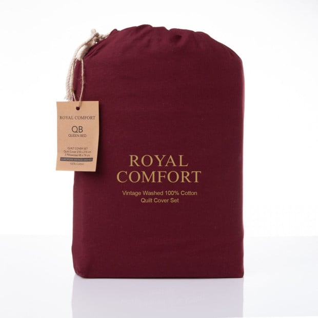 Washed 100% Cotton Quilt Cover Set Bedding Ultra Soft King Mulled Wine Image 3
