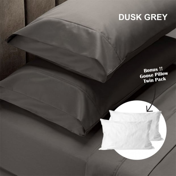 1500TC Sheet And Goose Feather Down Pillow 2 Pack Set Queen Dusk Grey