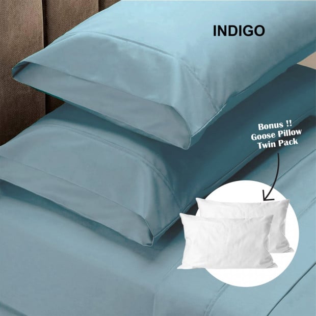1500TC Sheet And Goose Feather Down Pillow 2 Pack Set Queen Indigo