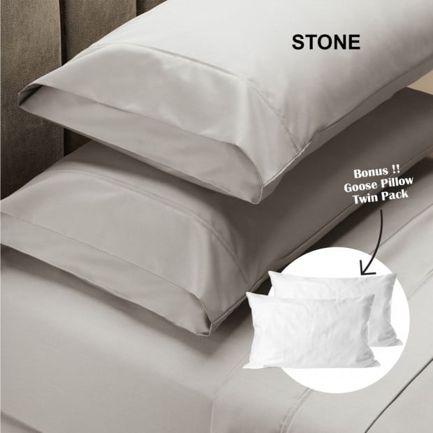 1500TC Sheet And Goose Feather Down Pillows 2 Pack Set - King - Stone