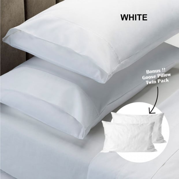 1500TC Sheet And Goose Feather Down Pillows 2 Pack Set - King - White