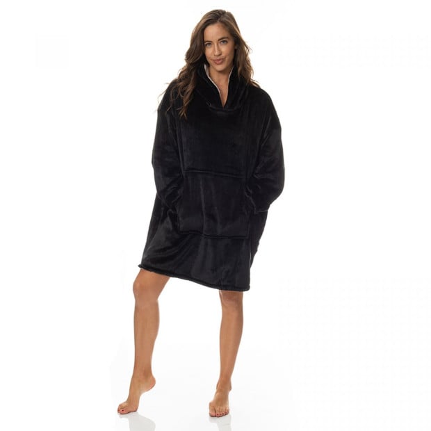 Snug Hoodie Nightwear Super Soft Reversible Coral Fleece 750GSM Black