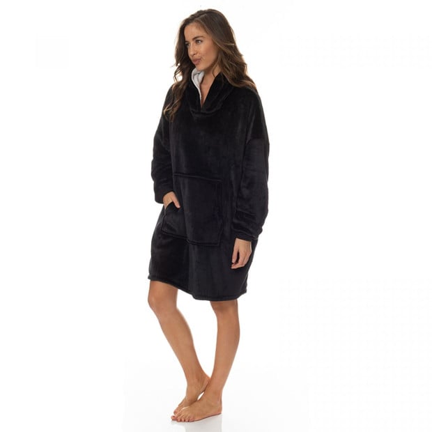 Snug Hoodie Nightwear Super Soft Reversible Coral Fleece 750GSM Black Image 2