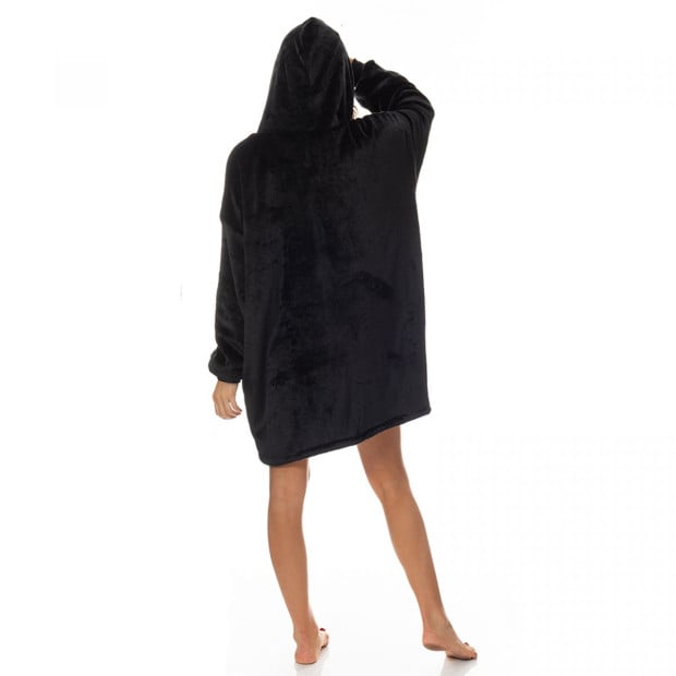 Snug Hoodie Nightwear Super Soft Reversible Coral Fleece 750GSM Black Image 3