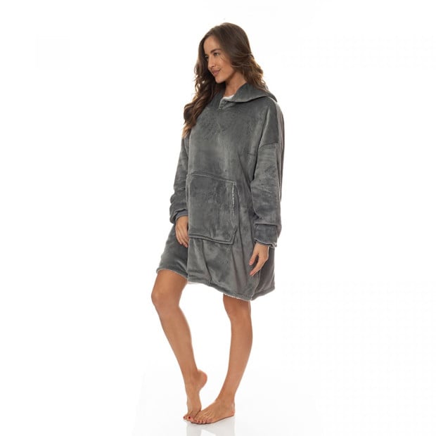 Snug Hoodie Nightwear Super Soft Reversible Coral Fleece 750GSM - Grey Image 2
