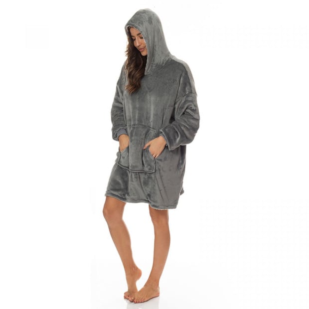 Snug Hoodie Nightwear Super Soft Reversible Coral Fleece 750GSM - Grey Image 3