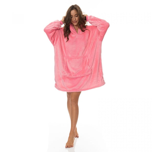Snug Hoodie Nightwear Super Soft Reversible Coral Fleece 750GSM - Pink Image 2