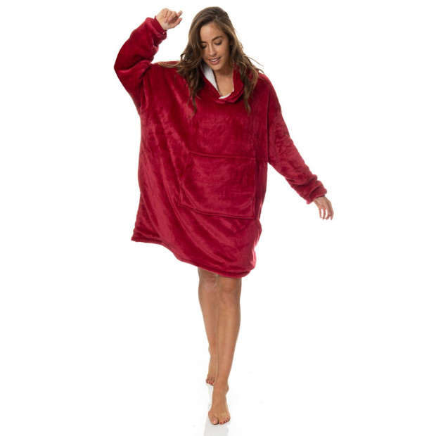 Snug Hoodie Nightwear Super Soft Reversible Coral Fleece 750GSM - Red Image 2