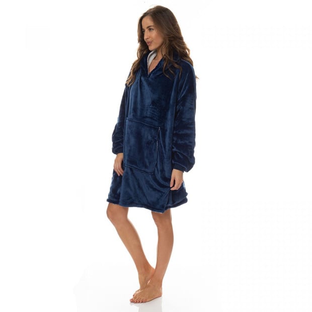 Snug Hoodie Nightwear Super Soft Reversible Coral Fleece 750GSM - Navy Image 2