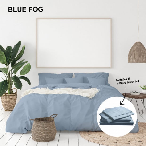 1000 Thread Count Bamboo Cotton Sheet and Quilt Cover Queen - Blue Fog