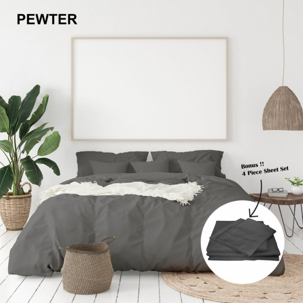 1000 Thread Count Bamboo Cotton Sheet and Quilt Cover King - Pewter