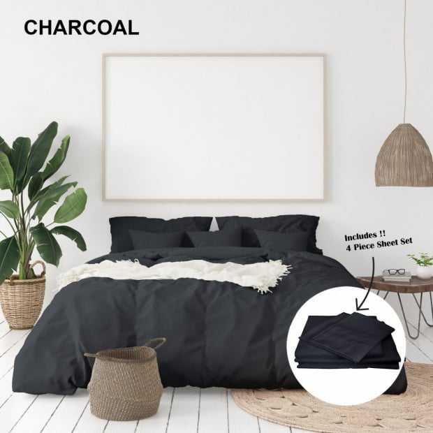 1000 TC Bamboo Cotton Sheet and Quilt Cover Set - King - Charcoal