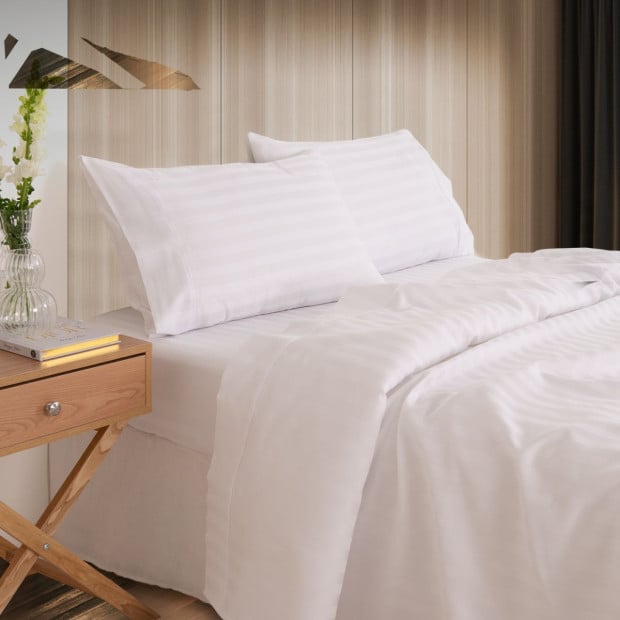 1200 TC 100% Cotton Sheet Set Stripe Hotel Grade - Super King - White