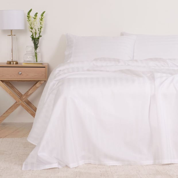 1200 TC 100% Cotton Sheet Set Stripe Hotel Grade - Super King - White Image 2
