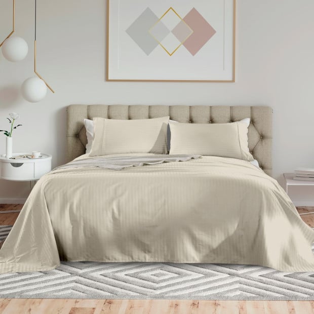 1200TC Cotton Sheet Set Stripe Hotel Grade - Super King - Sand