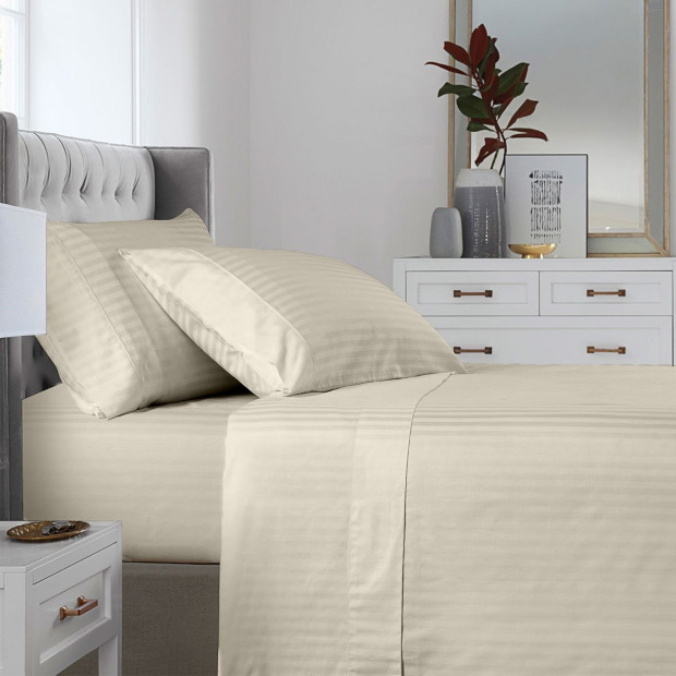 1200TC Cotton Sheet Set Stripe Hotel Grade - Super King - Sand Image 2