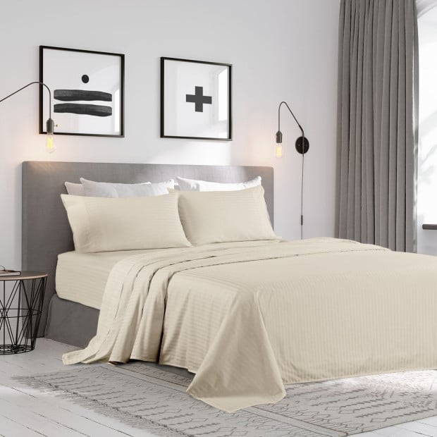 1200TC Cotton Sheet Set Stripe Hotel Grade - Super King - Sand Image 3