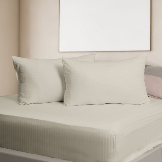 1200TC Cotton Sheet Set Stripe Hotel Grade - Super King - Sand Image 4