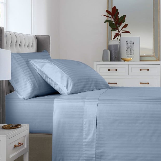 1200TC Cotton Sheet Set Stripe Hotel Grade - Super King - Chambray Image 2