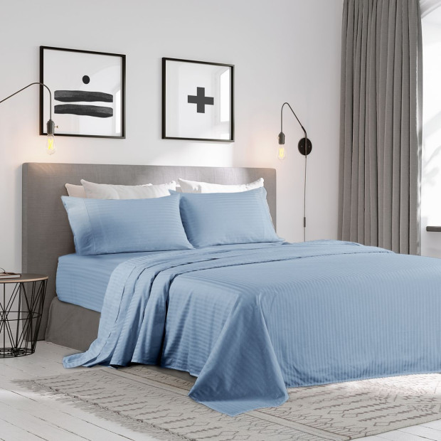 1200TC Cotton Sheet Set Stripe Hotel Grade - Super King - Chambray Image 3