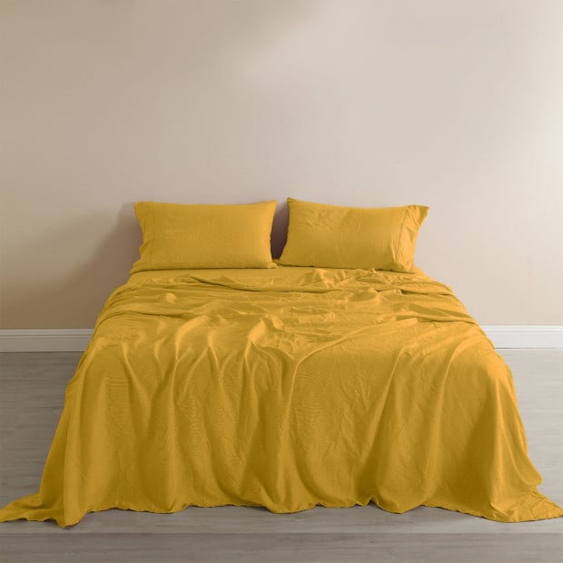 Flax Linen Blend Sheet Set Bedding Ultra Soft - Queen - Mustard Gold