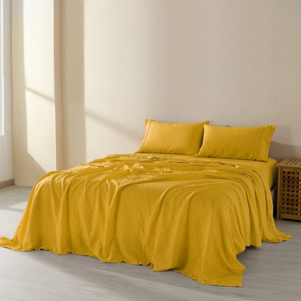 Flax Linen Blend Sheet Set Bedding Ultra Soft - Queen - Mustard Gold Image 2