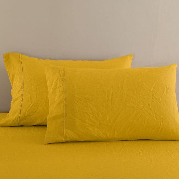 Flax Linen Blend Sheet Set Bedding Ultra Soft - Queen - Mustard Gold Image 3
