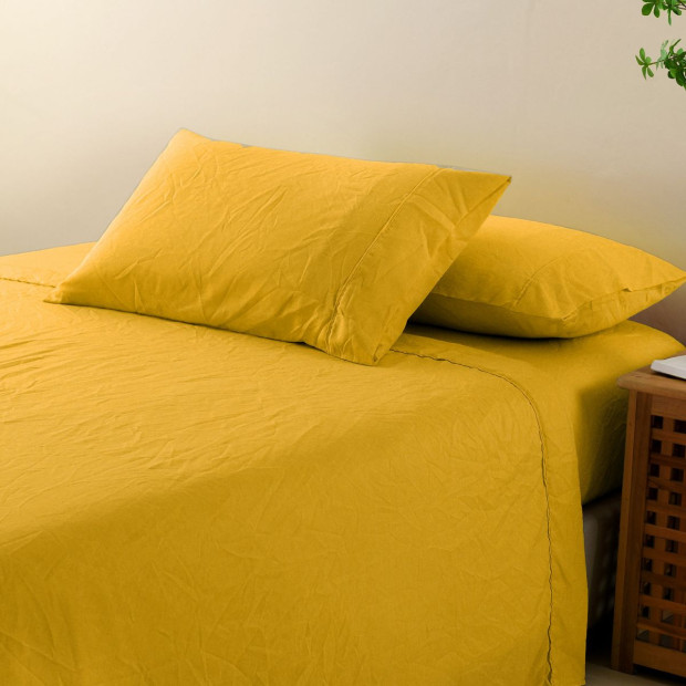 Flax Linen Blend Sheet Set Bedding Ultra Soft - Queen - Mustard Gold Image 4