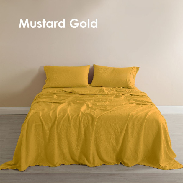 Flax Linen Blend Sheet Set Bedding Ultra Soft - Queen - Mustard Gold Image 8