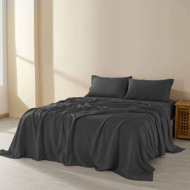 Flax Linen Blend Sheet Set Bedding Ultra Soft - Queen - Charcoal Image 2