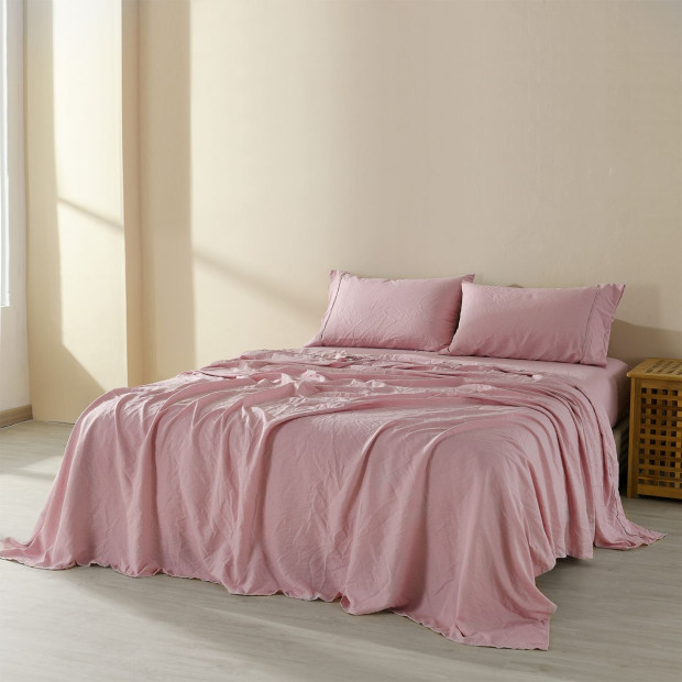 Flax Linen Blend Sheet Set Bedding Ultra Soft - Queen - Mauve Image 2