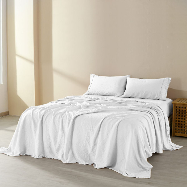 Flax Linen Blend Sheet Set Bedding Ultra Soft - King - White Image 2