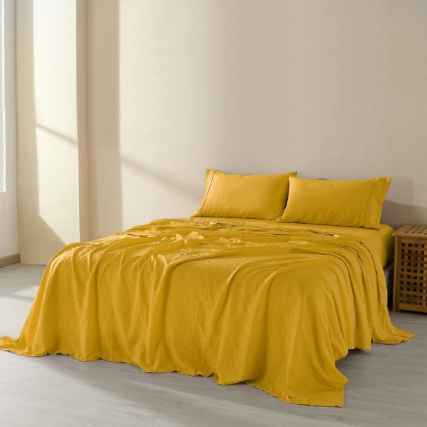 Flax Linen Blend Sheet Set Bedding Ultra Soft - King - Mustard Gold Image 2