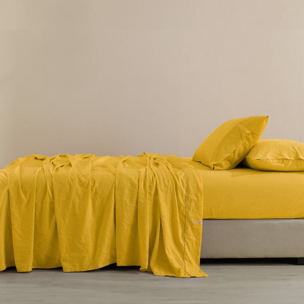 Flax Linen Blend Sheet Set Bedding Ultra Soft - King - Mustard Gold Image 5