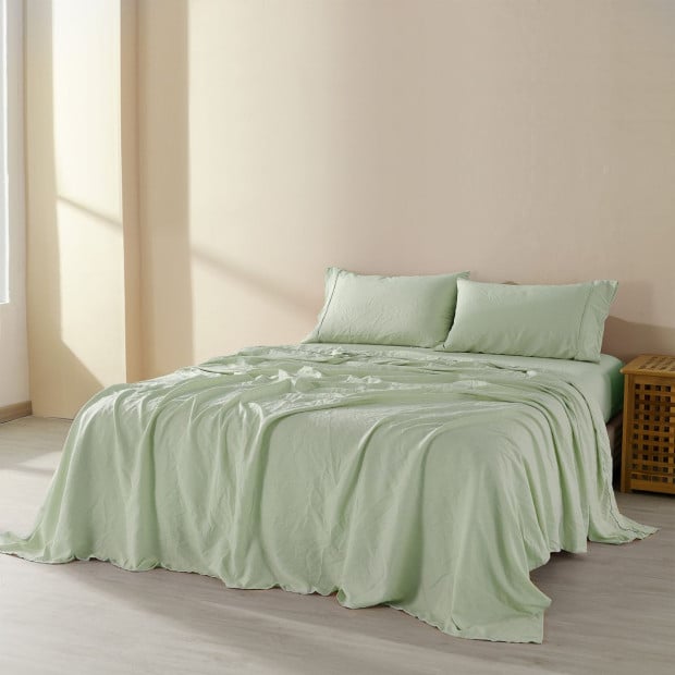 Flax Linen Blend Sheet Set Bedding Ultra Soft - King - Sage Green Image 2