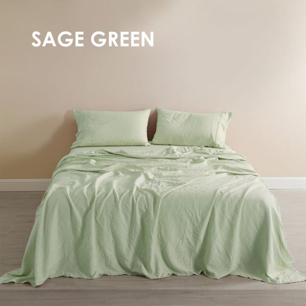 Flax Linen Blend Sheet Set Bedding Ultra Soft - King - Sage Green Image 8