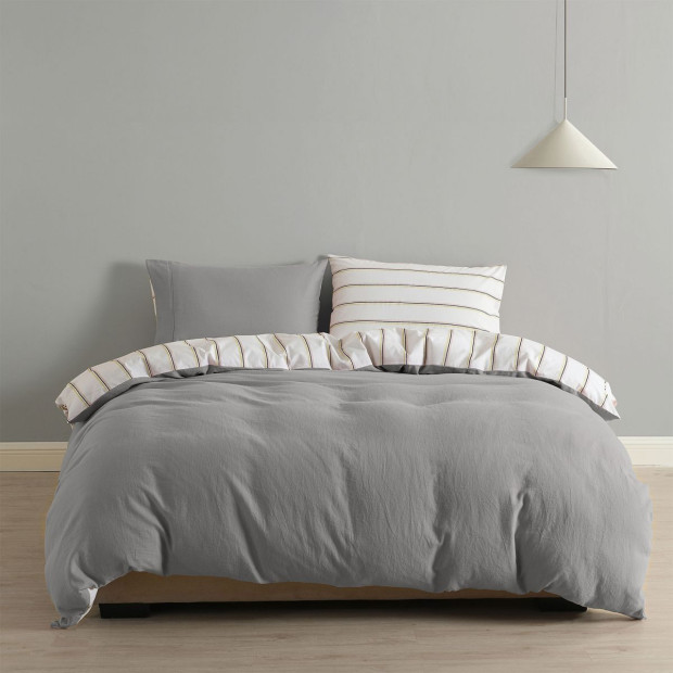 Hemp Braid Cotton Blend Quilt Cover Set Reverse Stripe Bedding - King - Light Grey