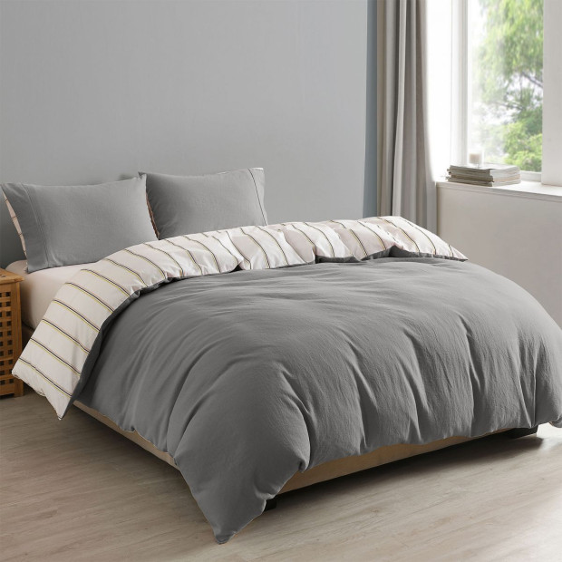 Hemp Braid Cotton Blend Quilt Cover Set Reverse Stripe Bedding - King - Light Grey Image 2
