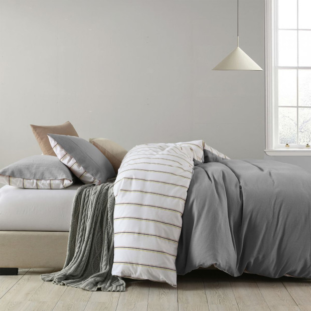 Hemp Braid Cotton Blend Quilt Cover Set Reverse Stripe Bedding - King - Light Grey Image 4