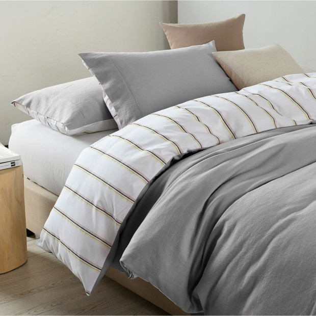 Hemp Braid Cotton Blend Quilt Cover Set Reverse Stripe Bedding - King - Light Grey Image 5