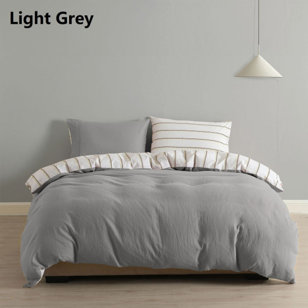 Hemp Braid Cotton Blend Quilt Cover Set Reverse Stripe Bedding - King - Light Grey Image 8
