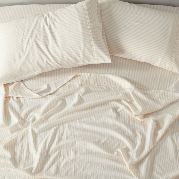 Stripes Linen Blend Sheet Set Bedding Ultra Soft - Queen - Beige Image 4