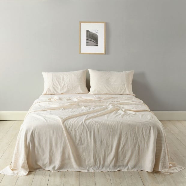 Stripes Linen Blend Sheet Set Bedding Ultra Soft - King - Beige