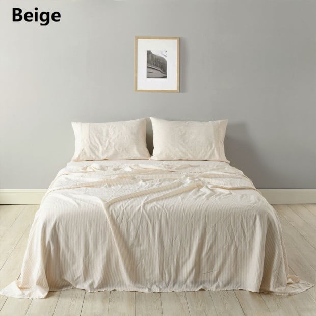Stripes Linen Blend Sheet Set Bedding Ultra Soft - King - Beige Image 10