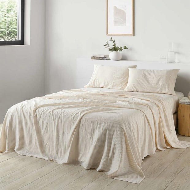 Stripes Linen Blend Sheet Set Bedding Ultra Soft - King - Beige Image 2