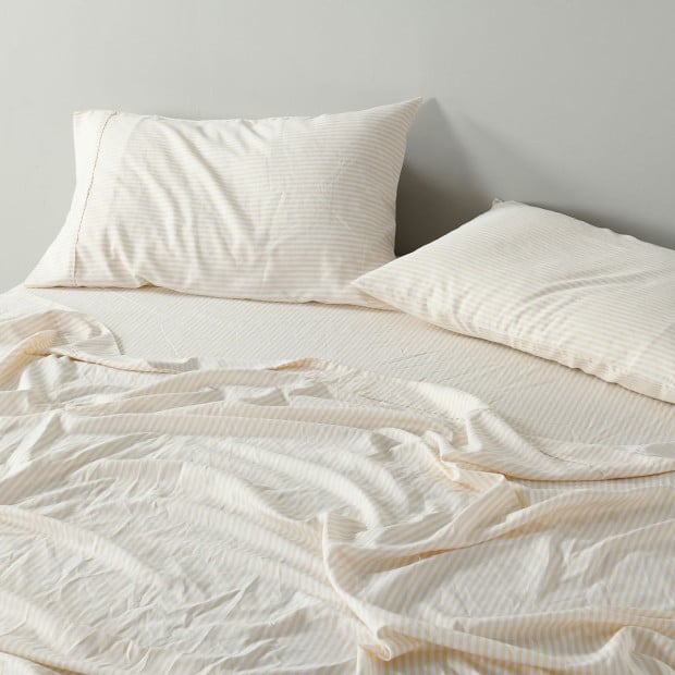 Stripes Linen Blend Sheet Set Bedding Ultra Soft - King - Beige Image 3