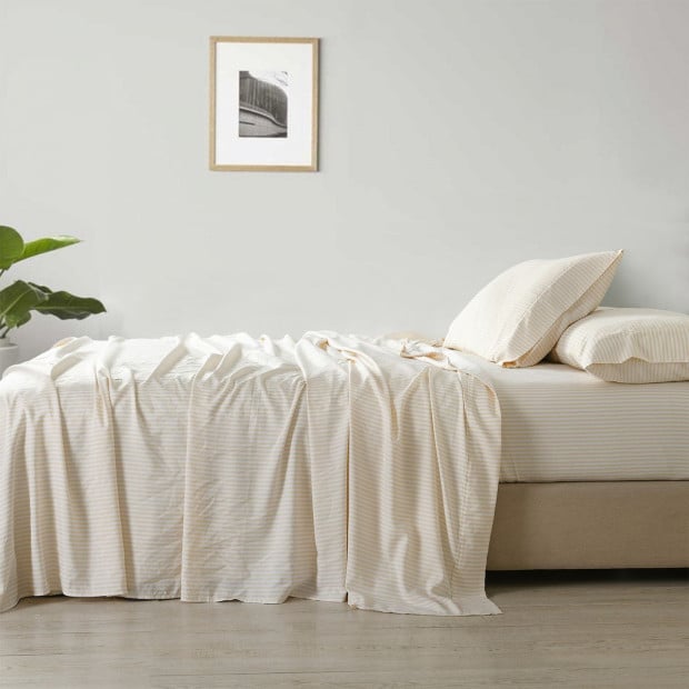 Stripes Linen Blend Sheet Set Bedding Ultra Soft - King - Beige Image 5