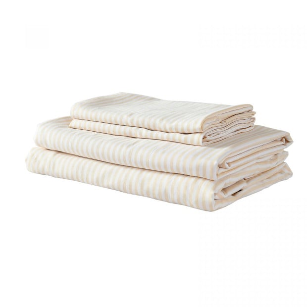 Stripes Linen Blend Sheet Set Bedding Ultra Soft - King - Beige Image 8