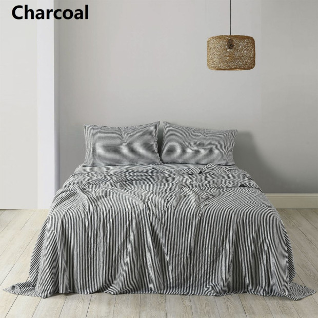 Stripes Linen Blend Sheet Set Bedding Ultra Soft - King - Charcoal Image 10