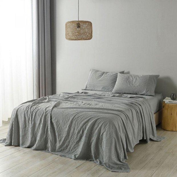 Stripes Linen Blend Sheet Set Bedding Ultra Soft - King - Charcoal Image 2